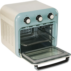 Die Ariete Air Fryer & Oven 2in1 Vintage von Ariete verfügt über ein blau-weißes Retro-Design, drei Bedienknöpfe, eine herunterziehbare Glastür und Metallgestelle - ideal für Fans des klassischen Stils und vielseitig einsetzbar als Fritteuse oder Backofen.