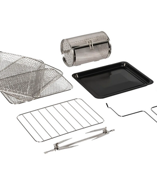Ariete Air Fryer & Oven 2in1 Vintage-Zubehörset von Ariete: enthält 2 Gitterkörbe, einen Grillkorb, eine Tropfschale, ein Drahtgestell, eine Gabel mit Stange und eine Zange - auf weißem Hintergrund für Ihre Fritteuse oder Ihren Mini-Backofen.