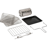 Ariete Air Fryer & Oven 2in1 Vintage-Zubehörset von Ariete: enthält 2 Gitterkörbe, einen Grillkorb, eine Tropfschale, ein Drahtgestell, eine Gabel mit Stange und eine Zange - auf weißem Hintergrund für Ihre Fritteuse oder Ihren Mini-Backofen.