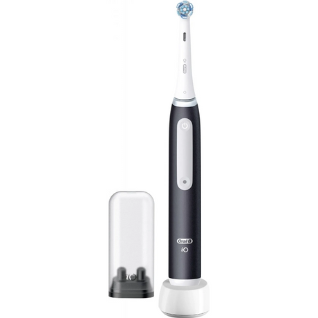Die Oral-B iO Series 3n - Schwarz ist eine schwarz-weiße elektrische Zahnbürste von Oral-B mit rundem Bürstenkopf und klarer Schutzkappe, entworfen für effektive Plaque-Entfernung.