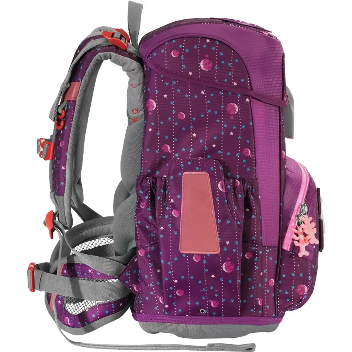 Das Step by Step Cloud Ranzen-Set "Dreamy Unicorn Nuala" 5-teilig, von der Seite gezeigt, zeigt ein stylisches lila-rosa Einhorn-Design. Dieser ergonomische Schulranzen kombiniert Komfort und Stil für junge Entdecker. Marke: Step by Step.