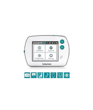 Das Babymoov YOO-Feel Video-Babyphone in Weiß verfügt über ein farbiges Touchscreen-Display für Kamera, Lautstärke, Helligkeit und Einstellungen; auf der rechten Seite befinden sich blaue Steuertasten, unter dem Monitor werden sechs blaue Funktionssymbole angezeigt.