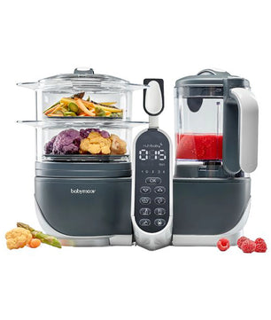 Der Babymoov Nutribaby Plus - Industrial Grey ist ein Beikostzubereiter für gedünstetes Gemüse und Pürees, der über ein einfach zu bedienendes digitales Bedienfeld verfügt.