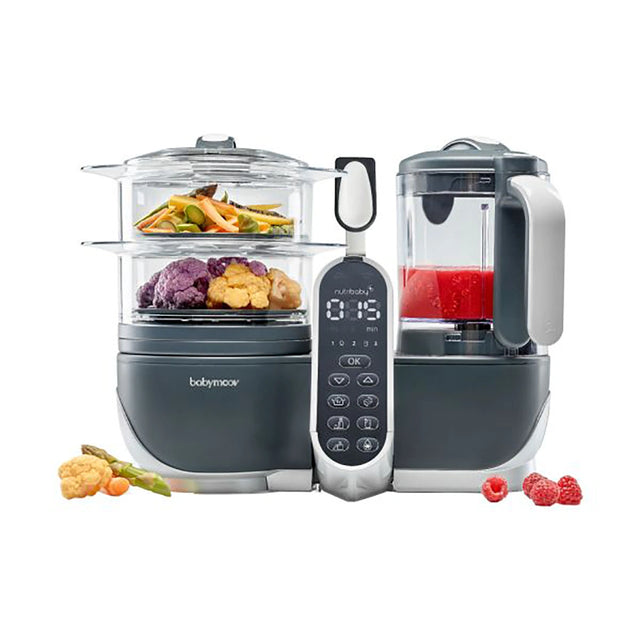 Der Babymoov Nutribaby Plus - Industrial Grey ist ein Beikostzubereiter für gedünstetes Gemüse und Pürees, der über ein einfach zu bedienendes digitales Bedienfeld verfügt.
