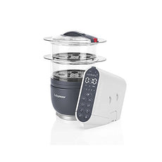 Der Babymoov Nutribaby Plus in Industriegrau verfügt über ein digitales Bedienfeld und zwei transparente Dämpfungsschalen, die als multifunktionaler Babykostdämpfer und Mixer für die einfache Zubereitung von Mahlzeiten dienen.