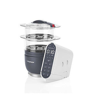 Der Babymoov Nutribaby Plus in Industriegrau verfügt über ein digitales Bedienfeld und zwei transparente Dämpfungsschalen, die als multifunktionaler Babykostdämpfer und Mixer für die einfache Zubereitung von Mahlzeiten dienen.