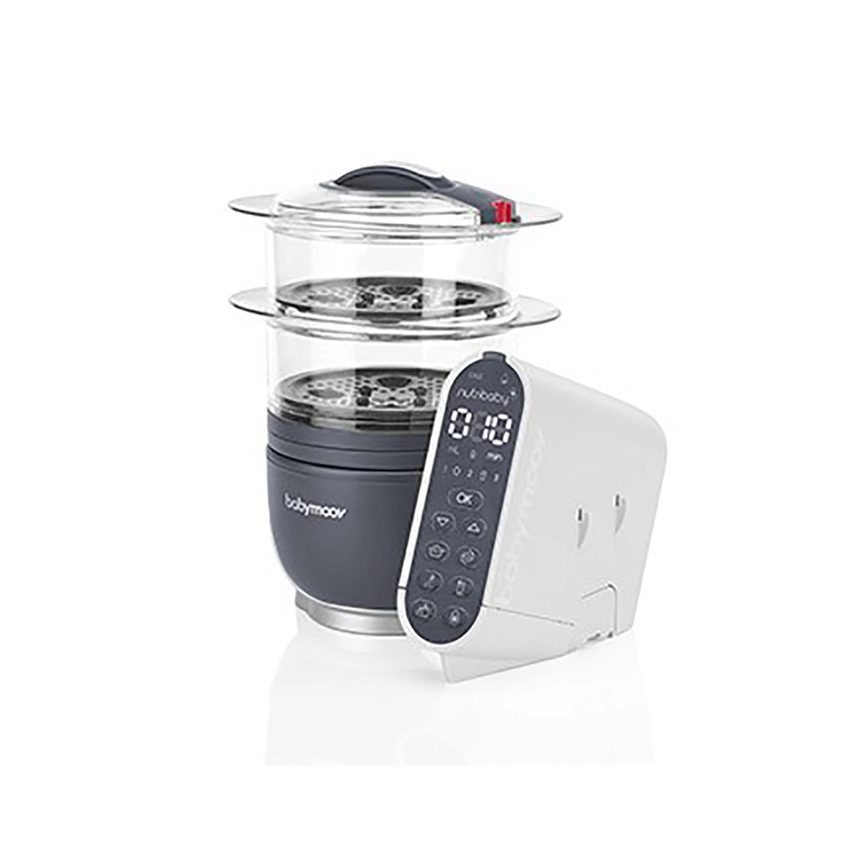 Der Babymoov Nutribaby Plus in Industriegrau verfügt über ein digitales Bedienfeld und zwei transparente Dämpfungsschalen, die als multifunktionaler Babykostdämpfer und Mixer für die einfache Zubereitung von Mahlzeiten dienen.