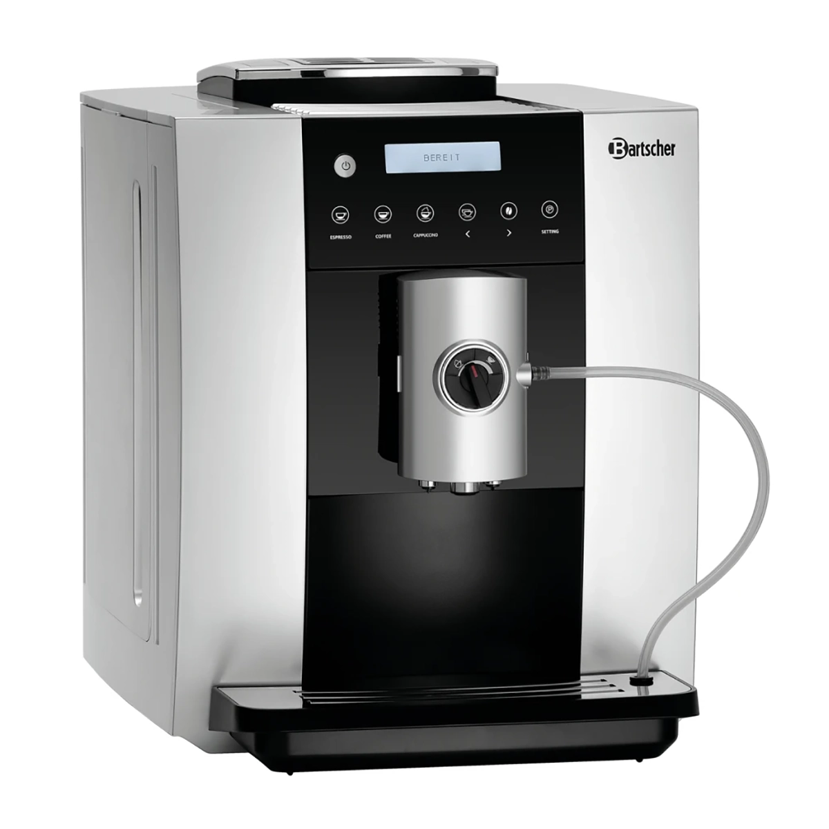 Der Bartscher Kaffeevollautomat Easy Black 250 - silber verfügt über ein digitales Display, mehrere Tasten, eine Dampfdüse und eine herausnehmbare Ablage - ideal als Büro-Kaffeevollautomat für Espresso und Kaffeespezialitäten.