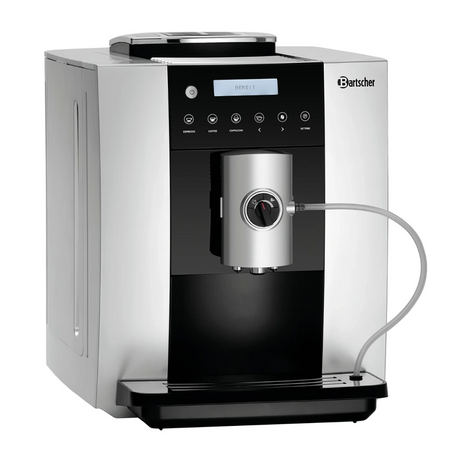 Der Bartscher Kaffeevollautomat Easy Black 250 - silber verfügt über ein digitales Display, mehrere Tasten, eine Dampfdüse und eine herausnehmbare Ablage - ideal als Büro-Kaffeevollautomat für Espresso und Kaffeespezialitäten.