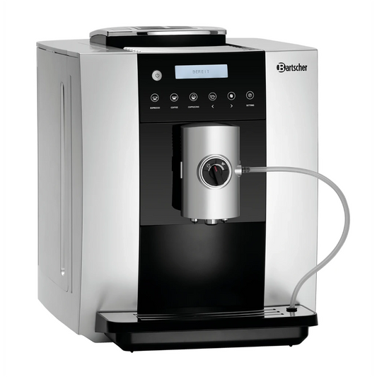 Der Bartscher Kaffeevollautomat Easy Black 250 - silber verfügt über ein digitales Display, mehrere Tasten, eine Dampfdüse und eine herausnehmbare Ablage - ideal als Büro-Kaffeevollautomat für Espresso und Kaffeespezialitäten.