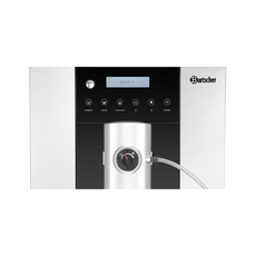 Frontansicht des Bartscher Kaffeevollautomaten Easy Black 250 - silber mit Digitalanzeige, Bedientasten, zentralem Drehknopf und Schlauchaufsatz, ideal für den Einsatz im Büro, dargestellt auf weißem Hintergrund.