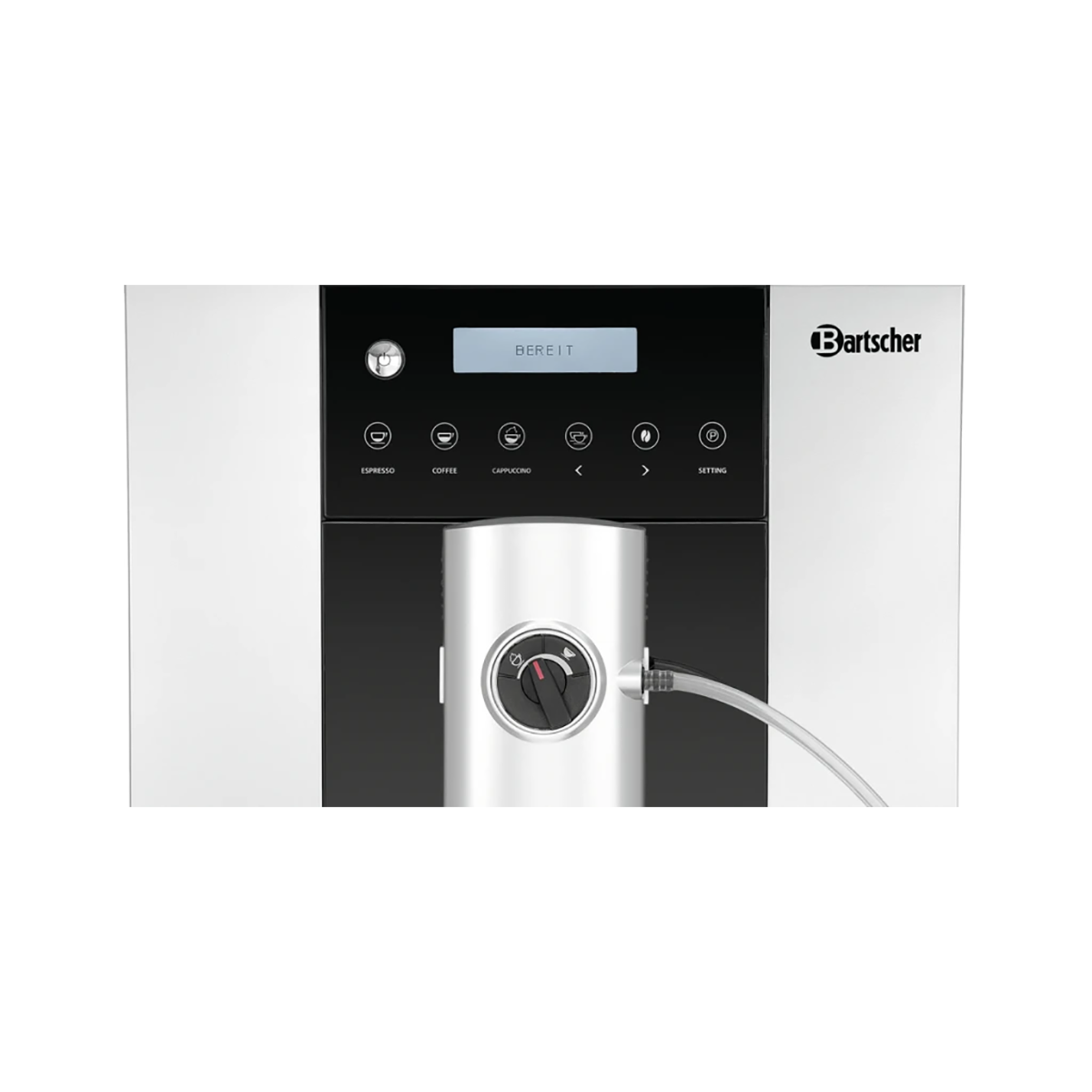 Frontansicht des Bartscher Kaffeevollautomaten Easy Black 250 - silber mit Digitalanzeige, Bedientasten, zentralem Drehknopf und Schlauchaufsatz, ideal für den Einsatz im Büro, dargestellt auf weißem Hintergrund.