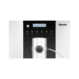 Frontansicht des Bartscher Kaffeevollautomaten Easy Black 250 - silber mit Digitalanzeige, Bedientasten, zentralem Drehknopf und Schlauchaufsatz, ideal für den Einsatz im Büro, dargestellt auf weißem Hintergrund.