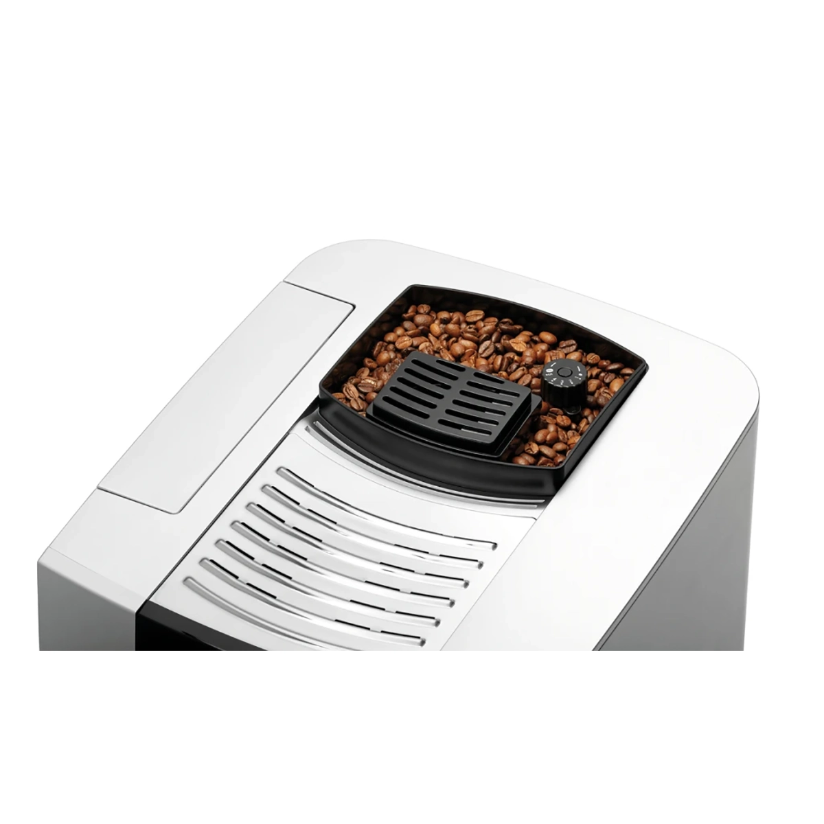 Eine Nahaufnahme des Bartscher Kaffeevollautomaten Easy Black 250 - silber, einer stilvollen Kaffeemaschine mit einem Fach für ganze Bohnen auf der Oberseite - ideal für jedes Büro.