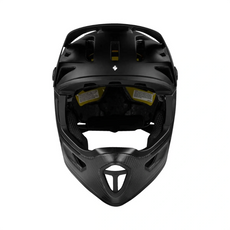 Frontansicht des Sweet Protection Arbitrator MIPS Fullface Enduro Helm (S/M) in schwarz, mit großen Belüftungsöffnungen, schützendem Kinnschutz und fortschrittlicher MIPS-Technologie für mehr Sicherheit.