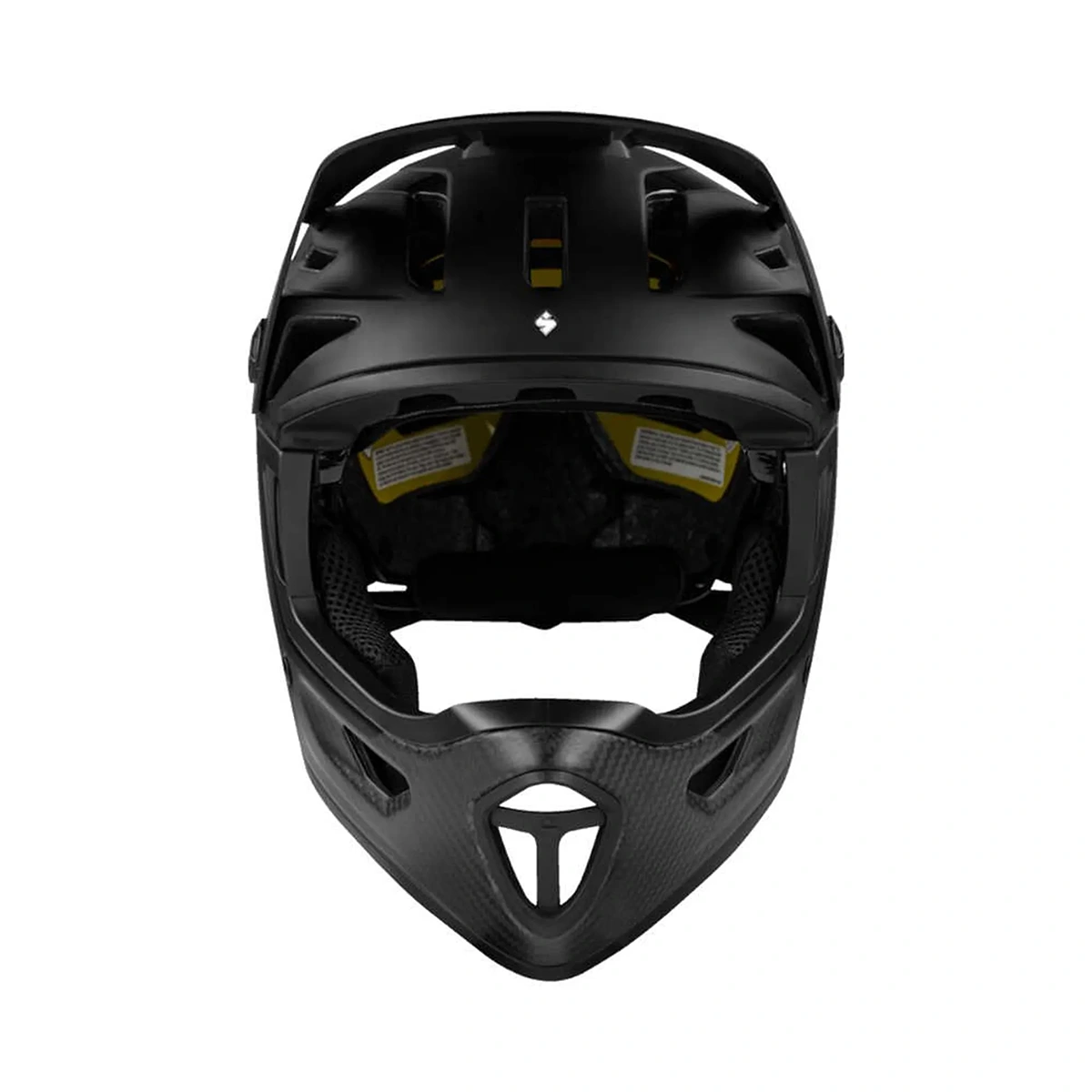 Frontansicht des Sweet Protection Arbitrator MIPS Fullface Enduro Helm (S/M) in schwarz, mit großen Belüftungsöffnungen, schützendem Kinnschutz und fortschrittlicher MIPS-Technologie für mehr Sicherheit.