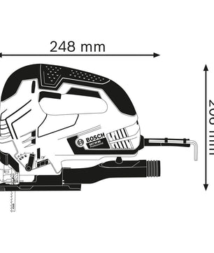 Schwarz-Weiß-Darstellung der Stichsäge Bosch GST 90 BE Professional von Bosch, mit Abmessungen: 248 mm breit und 206 mm hoch.