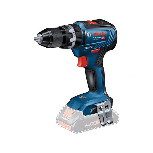 Bosch Professional 18 V Akku-Schlagbohrschrauber GSB 18V-55 Solo mit schwarzem Griff, blauem Gehäuse und ohne angebrachten Akku.