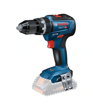 Der Bosch Professional 18 V Akku-Schlagbohrschrauber GSB 18V-55 Solo von Bosch ist in den Farben Blau und Schwarz gehalten und verfügt über einen sichtbaren Akkuschacht ohne angeschlossenen Akku.