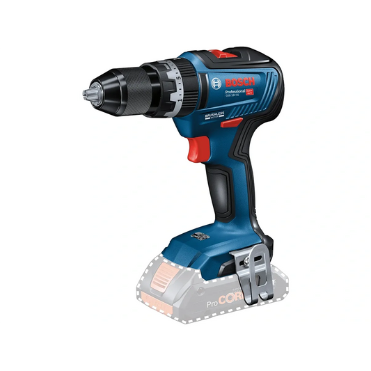 Der Bosch Professional 18 V Akku-Schlagbohrschrauber GSB 18V-55 Solo von Bosch ist in den Farben Blau und Schwarz gehalten und verfügt über einen sichtbaren Akkuschacht ohne angeschlossenen Akku.