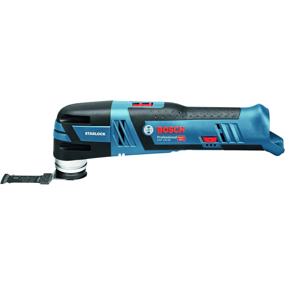 Ein Bosch GOP 12V-28 Professional Multifunktionswerkzeug von Bosch in blau und schwarz, ausgestattet mit einem flachen Starlock-Messeraufsatz.