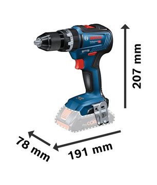 Der Bosch Professional 18 V Akku-Schlagbohrschrauber GSB 18V-55 Solo von Bosch misst 207 mm in der Höhe, 78 mm in der Breite und 191 mm in der Länge.