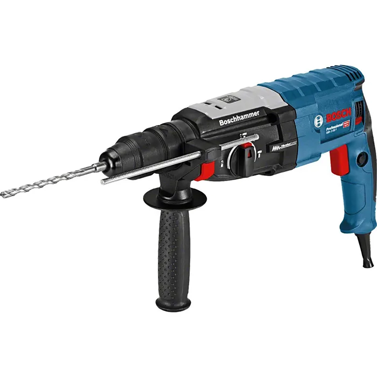 Der Bosch Professional GBH 2-28 F Bohrhammer von Bosch ist ein blau-schwarzer elektrischer Bohrhammer mit einem seitlichen Griff, einem Tiefenmesser und einem langen SDS-plus-Bohrer.