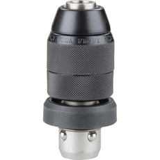 Ein schwarz-silbernes, schlüsselloses Bohrfutter mit strukturiertem Griff, Metallboden und eingravierten Größenmarkierungen, das für SDS-plus-Systeme wie den Bosch Professional GBH 2-28 F Bohrhammer von Bosch entwickelt wurde, wird aufrecht auf weißem Hintergrund gezeigt.