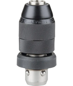 Ein schwarz-silbernes, schlüsselloses Bohrfutter mit strukturiertem Griff, Metallboden und eingravierten Größenmarkierungen, das für SDS-plus-Systeme wie den Bosch Professional GBH 2-28 F Bohrhammer von Bosch entwickelt wurde, wird aufrecht auf weißem Hintergrund gezeigt.