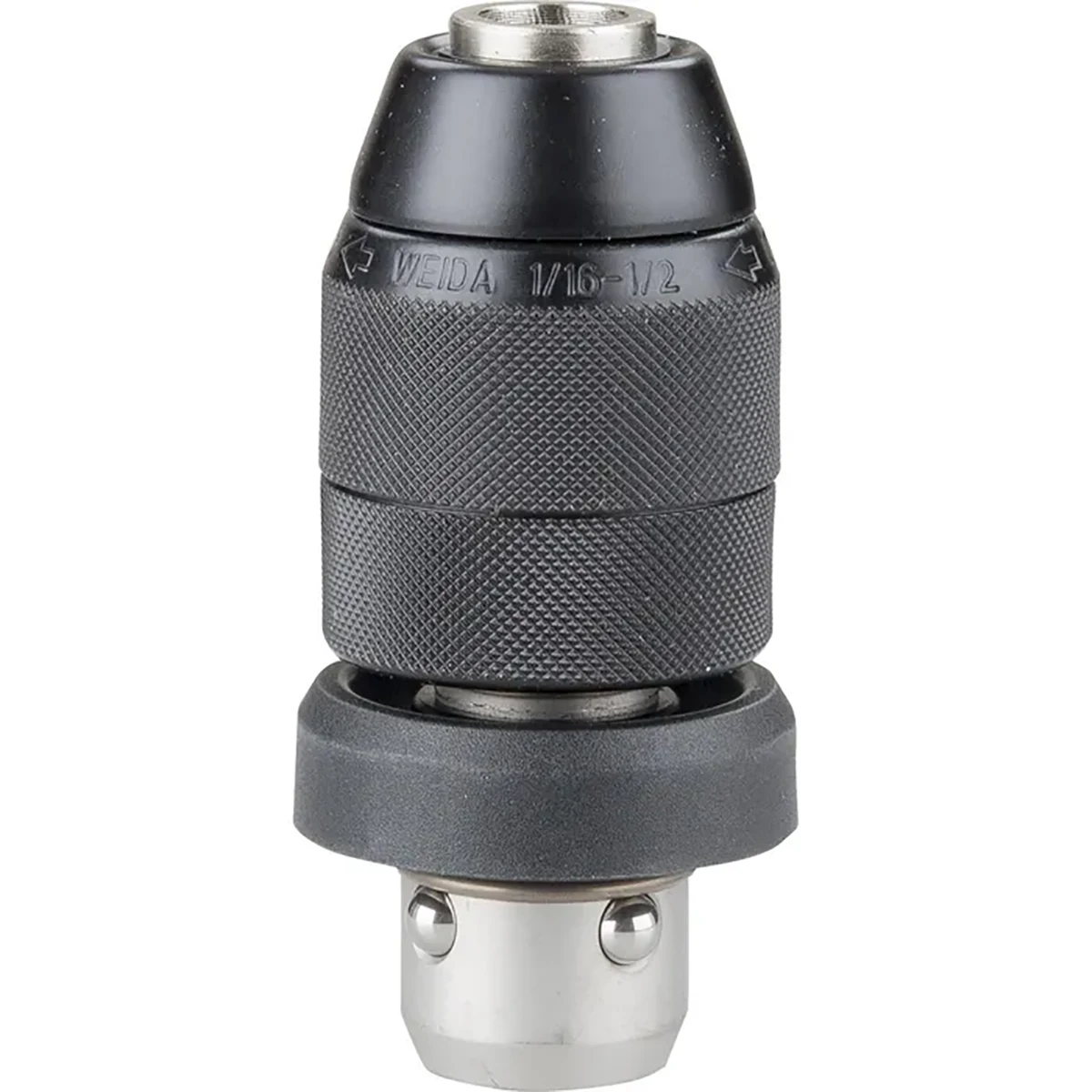 Ein schwarz-silbernes, schlüsselloses Bohrfutter mit strukturiertem Griff, Metallboden und eingravierten Größenmarkierungen, das für SDS-plus-Systeme wie den Bosch Professional GBH 2-28 F Bohrhammer von Bosch entwickelt wurde, wird aufrecht auf weißem Hintergrund gezeigt.