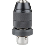 Ein schwarz-silbernes, schlüsselloses Bohrfutter mit strukturiertem Griff, Metallboden und eingravierten Größenmarkierungen, das für SDS-plus-Systeme wie den Bosch Professional GBH 2-28 F Bohrhammer von Bosch entwickelt wurde, wird aufrecht auf weißem Hintergrund gezeigt.