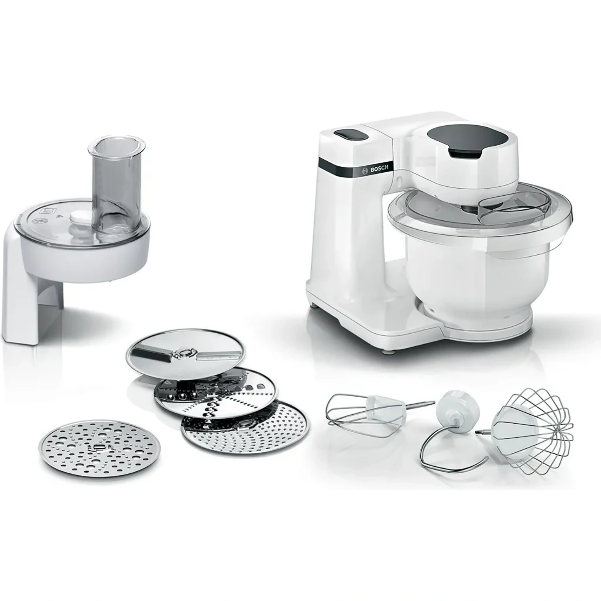 Die Bosch BOSCH Küchenmaschine - MUMS2AW01 Standmixer in Weiß verfügt über eine Rührschüssel, 3D PlanetaryMixing Technologie, verschiedene Aufsätze und Schneidscheiben, die alle auf weißem Hintergrund abgebildet sind.