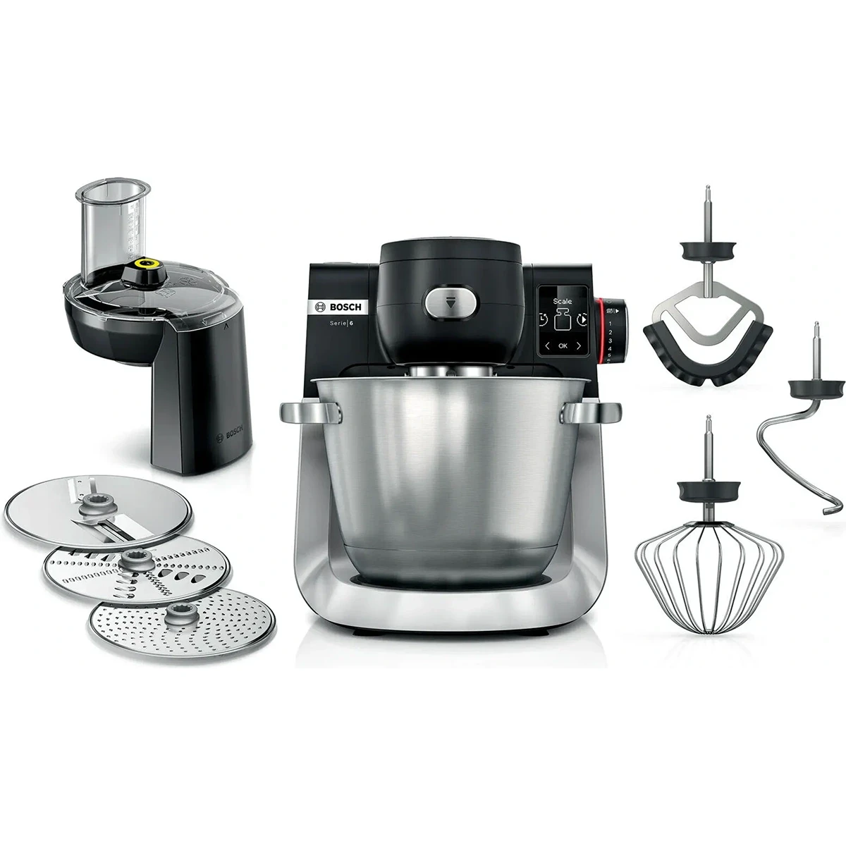 Die Bosch BOSCH Küchenmaschine MUMS6ZS13D in silber/schwarz verfügt über 1600 Watt Leistung, eine integrierte Waage und kommt mit diversen Aufsätzen und Schneidescheiben, die rund um den schlanken Standmixer angeordnet sind.