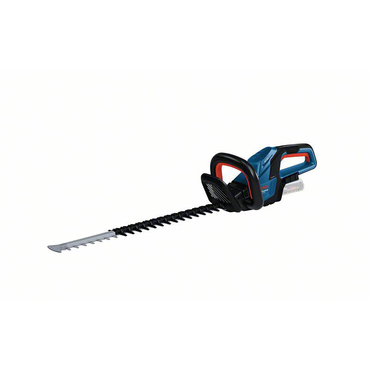 Bosch Professional Akku-Heckenschere GEHE 18V-60, eine Akku-Heckenschere von Bosch mit blau/schwarzem Griff und silbernem Messer, isoliert auf weißem Hintergrund.