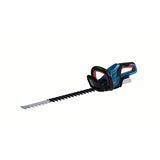 Bosch Professional Akku-Heckenschere GEHE 18V-60, eine Akku-Heckenschere von Bosch mit blau/schwarzem Griff und silbernem Messer, isoliert auf weißem Hintergrund.