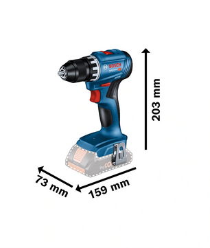 Das Bosch Professional Akku-Bohrschrauber-Set "GSR 18V-45" von Bosch verfügt über einen bürstenlosen Motor und misst 203 mm in der Höhe, 159 mm in der Tiefe und 73 mm in der Breite, abgebildet auf weißem Grund.