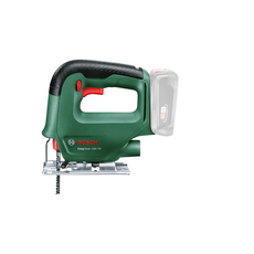 Die Bosch EasySaw 18V-70 Akku-Stichsäge von Bosch ist auf weißem Hintergrund mit grünem und schwarzem Design, ergonomischem Griff, sichtbarem Blatt und leerem Akkufach abgebildet.