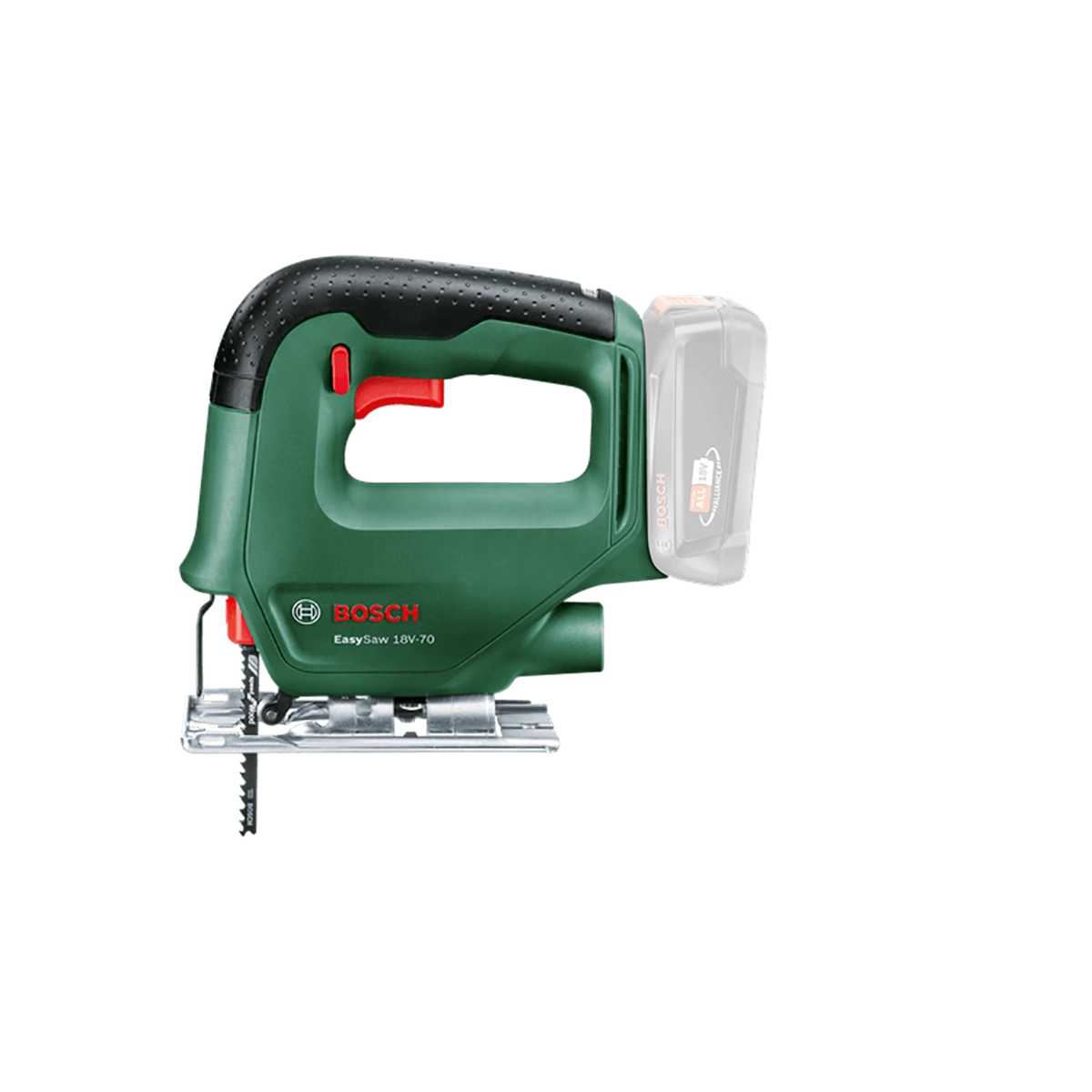 Die Bosch EasySaw 18V-70 Akku-Stichsäge von Bosch ist auf weißem Hintergrund mit grünem und schwarzem Design, ergonomischem Griff, sichtbarem Blatt und leerem Akkufach abgebildet.