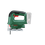 Die Bosch EasySaw 18V-70 Akku-Stichsäge von Bosch ist auf weißem Hintergrund mit grünem und schwarzem Design, ergonomischem Griff, sichtbarem Blatt und leerem Akkufach abgebildet.