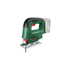 Eine grün-schwarze Bosch EasySaw 18V-70 Akku-Stichsäge von Bosch, die ohne Akku - gekennzeichnet durch einen gepunkteten Umriss am Befestigungspunkt - vor einem schlichten weißen Hintergrund abgebildet ist.