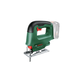 Eine grün-schwarze Bosch EasySaw 18V-70 Akku-Stichsäge von Bosch, die ohne Akku - gekennzeichnet durch einen gepunkteten Umriss am Befestigungspunkt - vor einem schlichten weißen Hintergrund abgebildet ist.