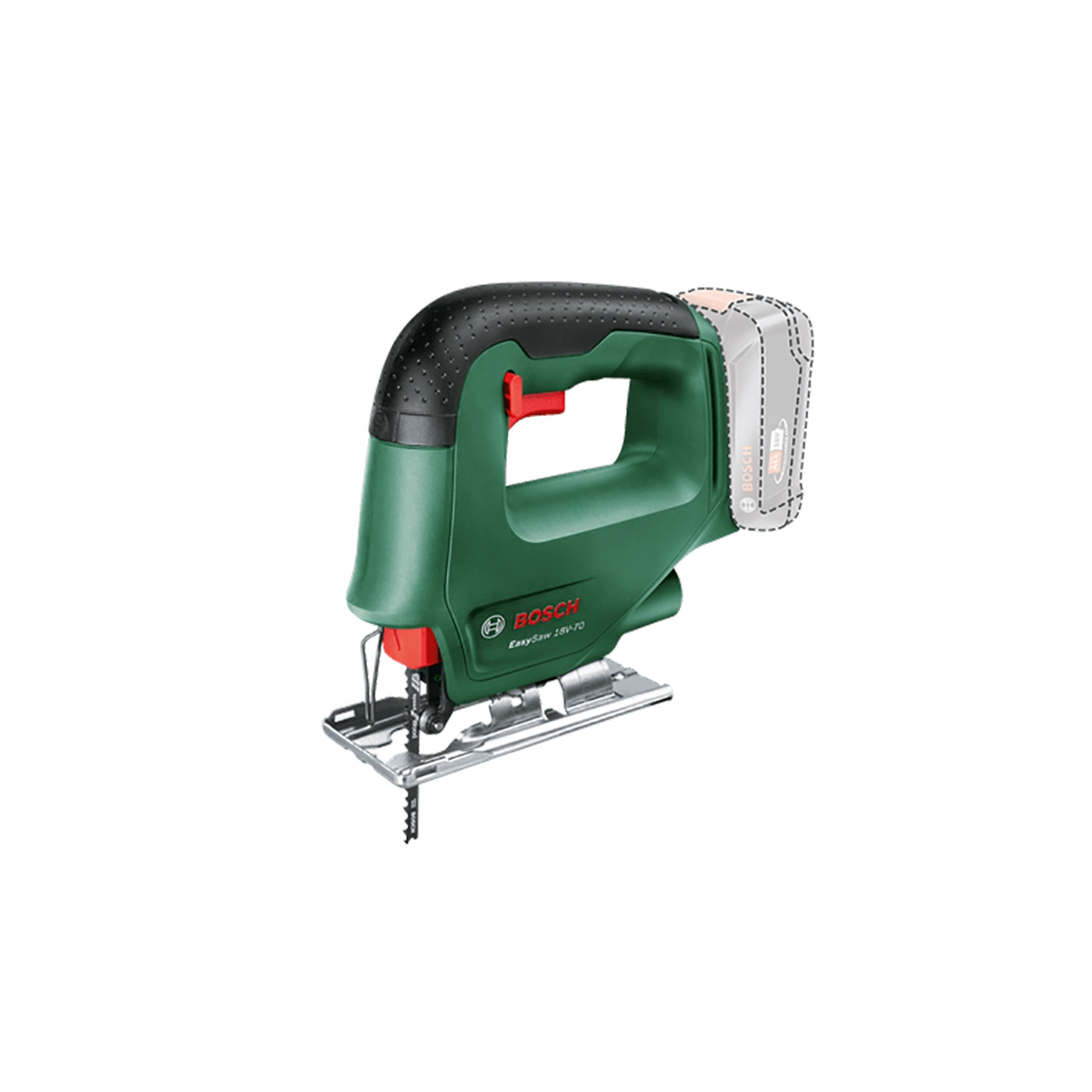 Eine grün-schwarze Bosch EasySaw 18V-70 Akku-Stichsäge von Bosch, die ohne Akku - gekennzeichnet durch einen gepunkteten Umriss am Befestigungspunkt - vor einem schlichten weißen Hintergrund abgebildet ist.