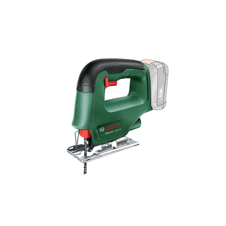 Eine grün-schwarze Bosch EasySaw 18V-70 Akku-Stichsäge von Bosch, die ohne Akku - gekennzeichnet durch einen gepunkteten Umriss am Befestigungspunkt - vor einem schlichten weißen Hintergrund abgebildet ist.