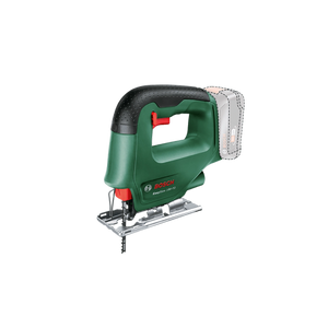 Eine grün-schwarze Bosch EasySaw 18V-70 Akku-Stichsäge von Bosch, die ohne Akku - gekennzeichnet durch einen gepunkteten Umriss am Befestigungspunkt - vor einem schlichten weißen Hintergrund abgebildet ist.