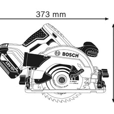 Schwarz-Weiß-Darstellung der Bosch GKS 18V-57 G Professional Akku-Kreissäge ohne Akku von Bosch mit den Abmessungen: 373 mm breit, 243 mm hoch. Verfügt über eine sichtbare Klinge, Griff, 18V-Akku-Steckplatz auf der Rückseite, und Führungsschienensystem-Kompatibilität.