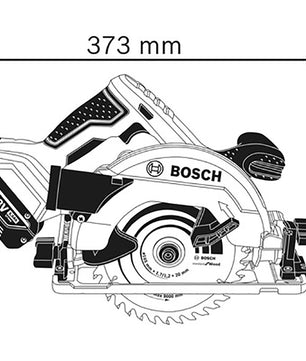 Schwarz-Weiß-Darstellung der Bosch GKS 18V-57 G Professional Akku-Kreissäge ohne Akku von Bosch mit den Abmessungen: 373 mm breit, 243 mm hoch. Verfügt über eine sichtbare Klinge, Griff, 18V-Akku-Steckplatz auf der Rückseite, und Führungsschienensystem-Kompatibilität.