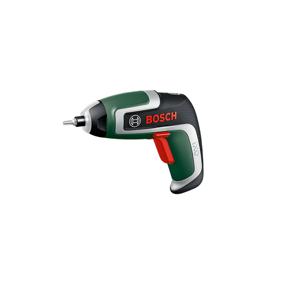 Bosch Akku-Schrauber IXO 7, 3,6 V 2 Ah mit grün-schwarzem Gehäuse, rotem Auslöser und langlebiger Lithium-Ionen-Batterie vor weißem Hintergrund.