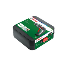 Schwarzer Bosch-Werkzeugkoffer in grüner und roter Verpackung, mit einem Bosch Akku-Schrauber IXO 7, 3,6 V 2 Ah mit Lithium-Ionen-Akku auf dem Etikett.