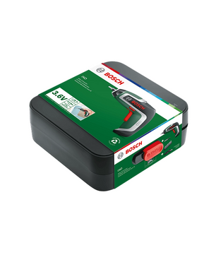 Schwarzer Bosch-Werkzeugkoffer in grüner und roter Verpackung, mit einem Bosch Akku-Schrauber IXO 7, 3,6 V 2 Ah mit Lithium-Ionen-Akku auf dem Etikett.