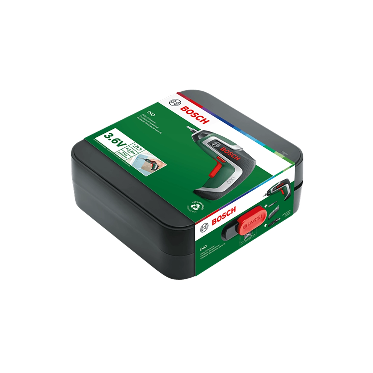 Schwarzer Bosch-Werkzeugkoffer in grüner und roter Verpackung, mit einem Bosch Akku-Schrauber IXO 7, 3,6 V 2 Ah mit Lithium-Ionen-Akku auf dem Etikett.